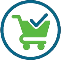 Green shopping cart icon with a blue check mark inside a circle