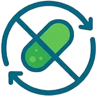 Icon of a green pill with a blue circle and diagonal line through it, surrounded by arrows.