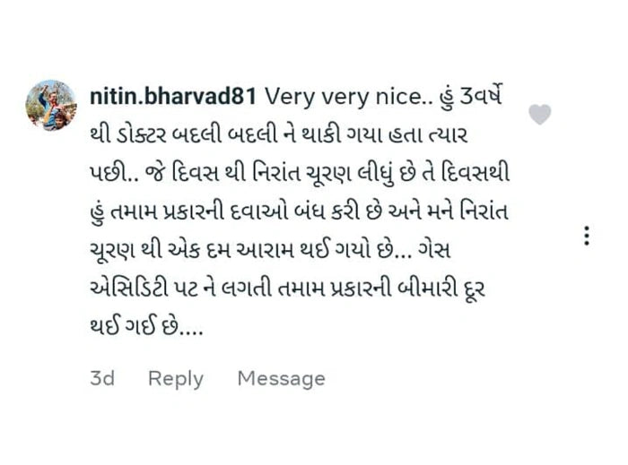 User shares relief from acidity and other issues after using Nirant Churan, stopped all medications